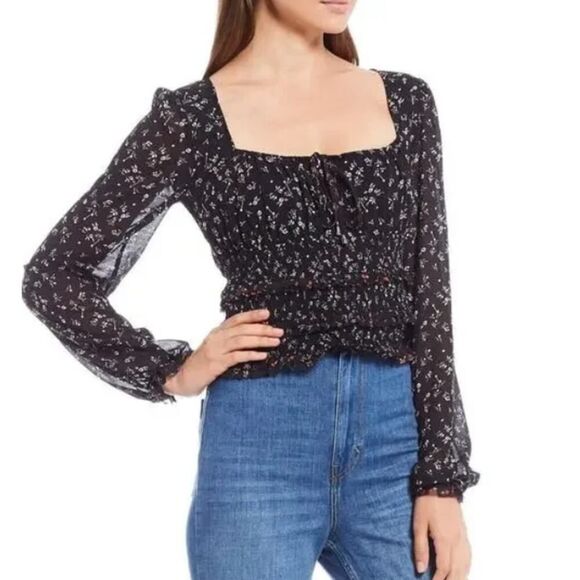 Free People Lolita Top Womens Large Black Floral Long Sleeve Smocked Square Neck - Picture 13 of 13